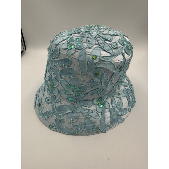 Accessories - Vintage Finesse Y2K Blue Floral Beaded Bucket Hat Embroidered Sequin Pearl